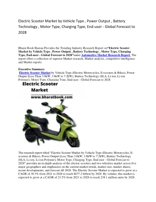 Electric Scooter Market by Vehicle Type , Power Output , Battery Technology , Motor Type, Charging Type, End-user - Glob