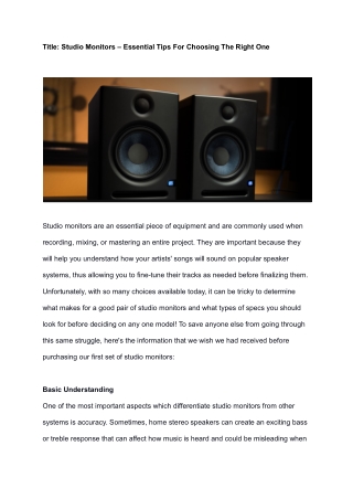 Studio Monitors – Essential Tips For Choosing The Right One