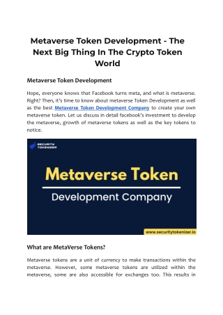 Metaverse Token Development - The Next Big Thing In The Crypto Token World