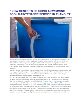 KNOW BENEFITS OF USING A SWIMMING POOL MAINTENANCE SERVICE IN PLANO, TX