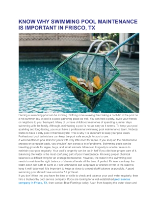 KNOW WHY SWIMMING POOL MAINTENANCE IS IMPORTANT IN FRISCO, TX