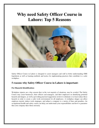 Why need Safety Officer Course in Lahore -Top 5 Reasons