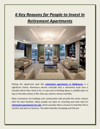 6 Key Reasons for People to Invest In Retirement Apartments