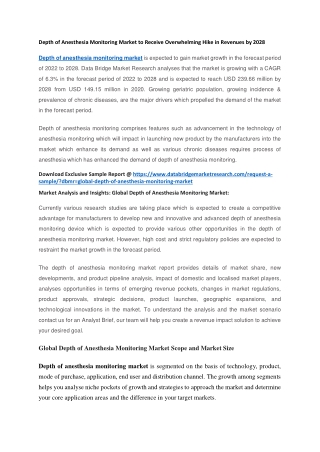 Depth of Anesthesia Monitoring Market to Receive Overwhelming Hike in Revenues by 2028