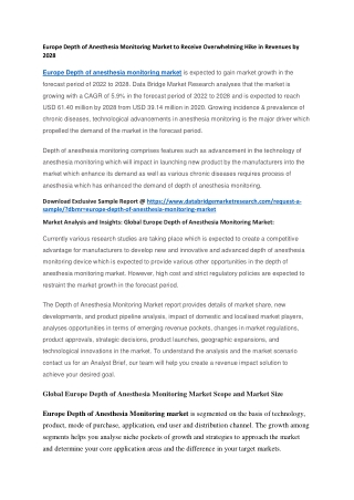 Europe Depth of Anesthesia Monitoring Market to Receive Overwhelming Hike in Revenues by 2028