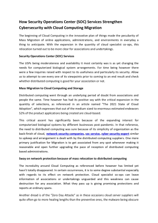 How Security Operations Center SOC Services Strengthen Cybersecurity with Cloud Computing Migration