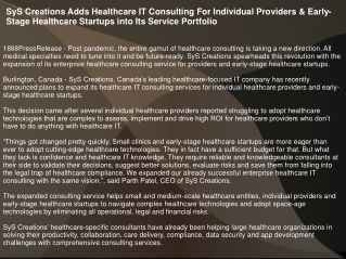 SyS Creations Adds Healthcare IT Consulting For Individual Providers & Early-Sta