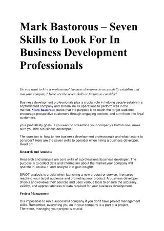 Mark Bastorous  – Seven Skills to Look For In Business Development Professionals