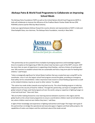 Akshaya Patra & World Food Programme to Collaborate on Improving School Meals