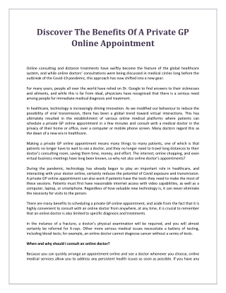 Discover The Benefits Of A Private GP Online Appointment