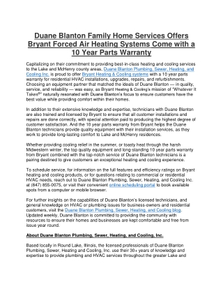 Duane Blanton Family Home Services Offers Bryant Forced Air Heating Systems Come with a 10 Year Parts Warranty