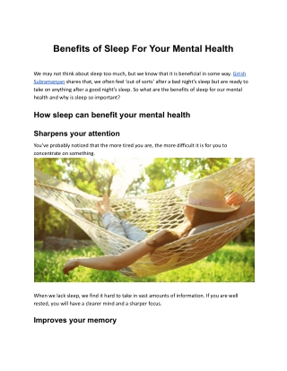 Benefits of Sleep For Your Mental Health