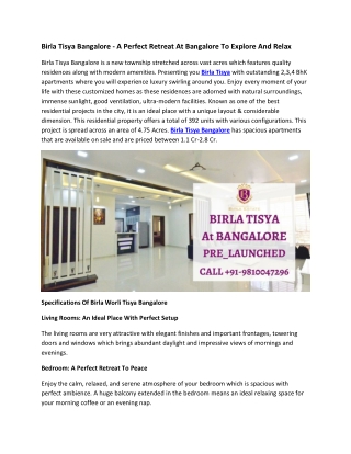 Birla Tisya Bangalore - A Perfect Retreat At Bangalore To Explore And Relax