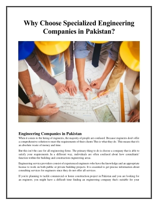 Why Choose Specialized Engineering Companies in Pakistan