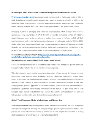 Viral Transport Media Market Global Competitive Analysis and Growth Forecast till 2028