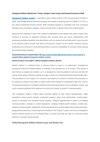 Intragastric Balloon Market Size, Trends, Analysis, Future Scope and Demand Forecast to 2028