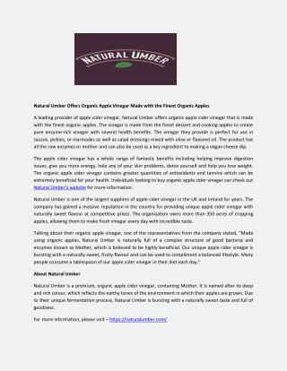 Natural Umber Offers Organic Apple Vinegar Made with the Finest Organic Apples