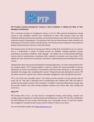 PTP Provides Personal Development Training to Assist Candidates in Making the Most of Their Workplace Contributions