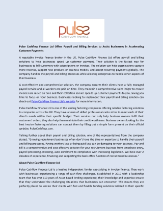 Pulse Cashflow Finance Ltd Offers Payroll and Billing Services to Assist Businesses in Accelerating Customer Payments