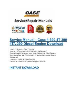 Service Manual - Case 4-390 4T-390 4TA-390 Diesel Engine Download