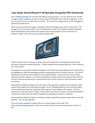 Case Study Second Round H-1B Specialty Occupation RFE Overturned