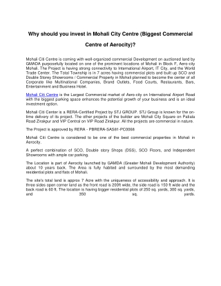 Why should you invest in Mohali City Centre (Biggest Commercial Centre of Aeroci