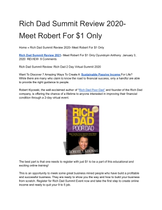 Rich Dad Summit Review 2020- Meet Robert For $1 Only