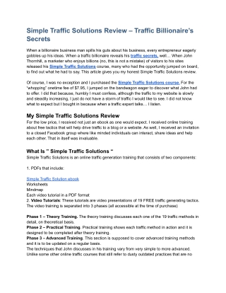 Simple Traffic Solutions Review – Traffic Billionaire’s Secrets