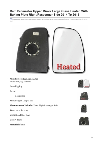 imsautoparts.com-Ram Promaster Upper Mirror Large Glass Heated With Baking Plate Right Passenger Side 2014 To 2015