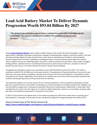 Lead Acid Battery Market To Deliver Dynamic Progression Worth $93.04 Billion By 2027