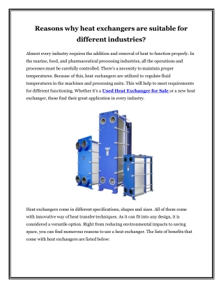 Reasons why heat exchangers are suitable for different industries?