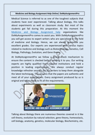 Medicine and Biology Assignment Help Online| DoMyAssignmentPro
