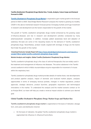 Tamiflu (Oseltamivir Phosphate) Drugs Market Size, Trends, Analysis, Future Scope and Demand Forecast to 2028