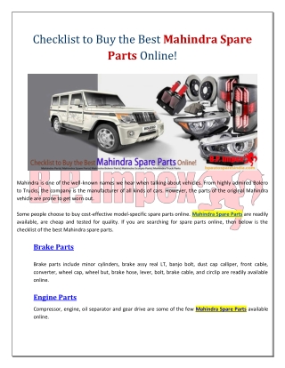 Checklist to Buy the Best Mahindra Spare Parts Online