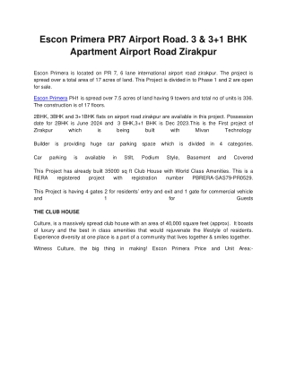 Escon Primera PR7 Airport Road. 3 & 3 1 BHK Apartment Airport Road Zirakpur