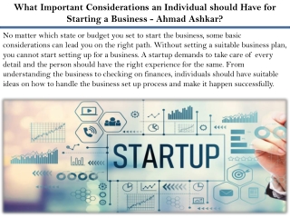 What Important Considerations an Individual should Have for Starting a Business