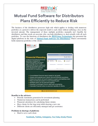 Mutual Fund Software for Distributors Plans Efficiently to Reduce Risk