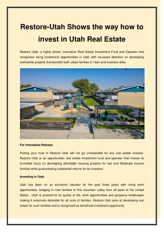 Restore-Utah Shows the way how to invest in Utah Real Estate