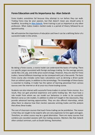 Forex Education and Its Importance by Alan Solarsh