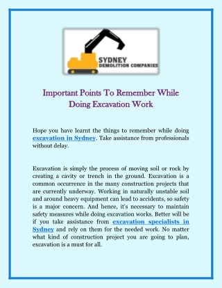 Important Points To Remember While Doing Excavation Work