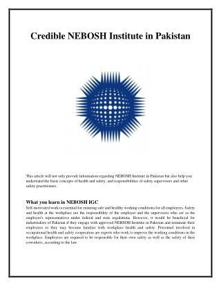 Credible NEBOSH Institute in Pakistan - 2022