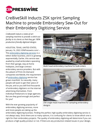 Cre8iveSkill Inducts ZSK sprint Sampling Embroidery Machine