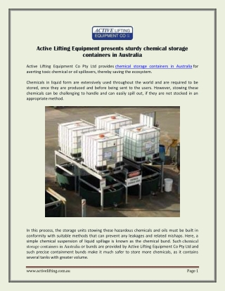 Active Lifting Equipment presents chemical storage containers in Australia