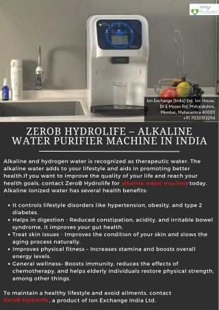 ZeroB Hydrolife – Alkaline Water Purifier Machine in India