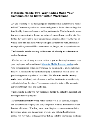 Motorola Mobile Two-Way Radios Make Your Communication Better within Workplace