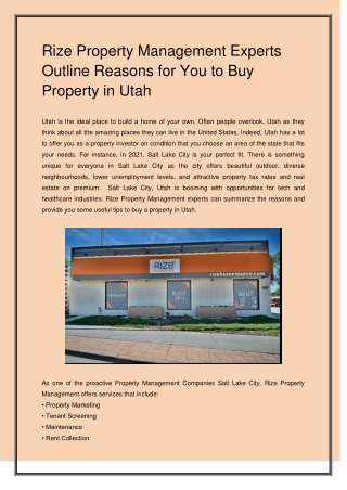 Rize Property Management Experts Outline Reasons for You to Buy Property in Utah