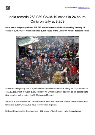 India records 258,089 Covid-19 cases in 24 hours, Omicron tally at 8,209