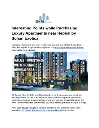 Interesting Points while Purchasing Luxury Apartments near Hebbal by Sohan Exotica