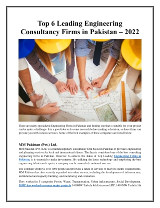 Top 6 Leading Engineering Consultacy Firms in Pakistan - 2022