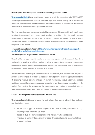 Thrombophilia Market Insights on Trends, Drivers and Opportunities by 2028